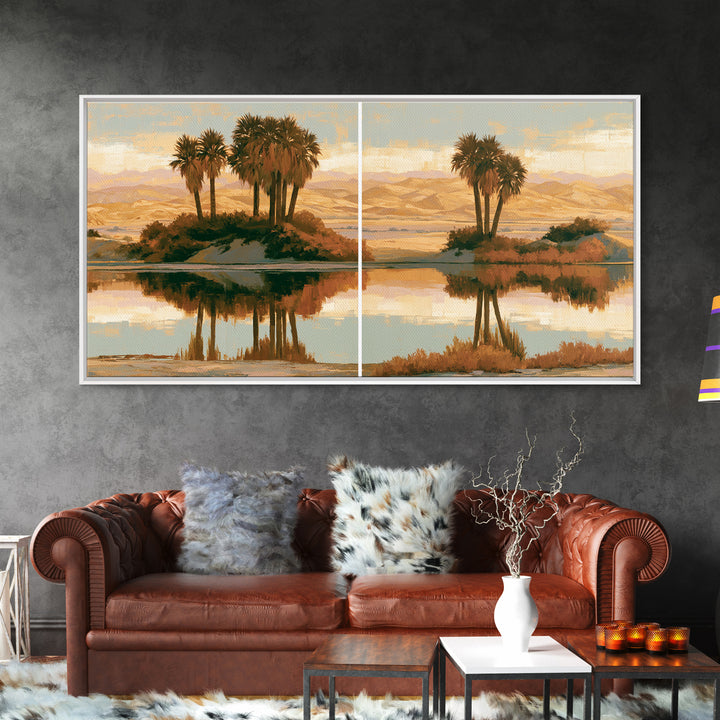 Palm Oasis Reflected Framed Canvas Print, Desert Art, Wall Art Prints, Southwestern Decor, Oil Painting, Desert, Boho Decor, DES-2x1-83
