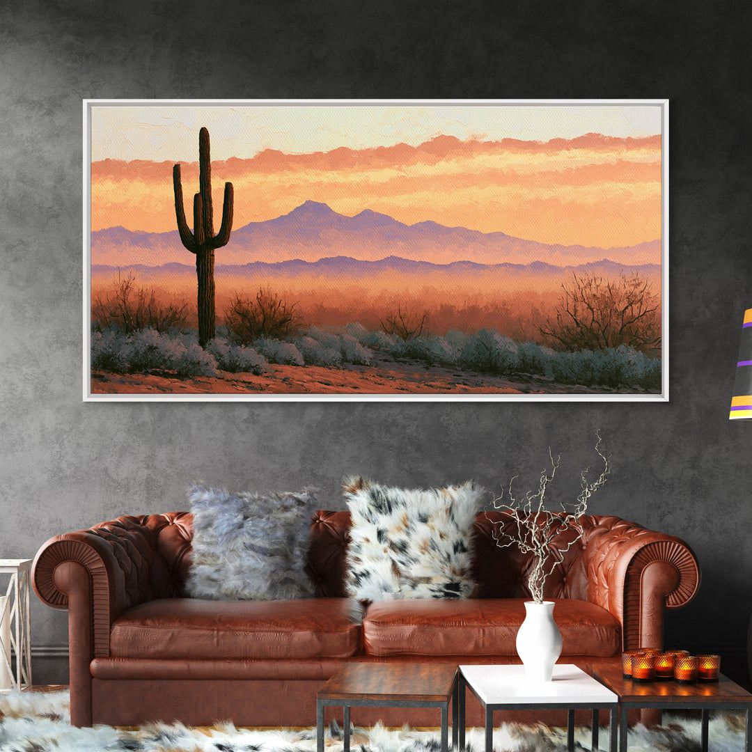 Saguaro Cactus under Orange Sunset Sky Canvas Print, Desert Art, Landscape Art, Southwestern Decor, Fine Art, Desert, DES-2x1-93