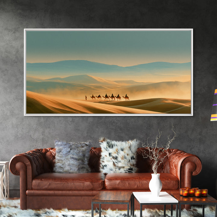 Camel Caravan Crossing Golden Dunes Framed Canvas Print, Desert Art, Western Wall Art, Southwestern Decor, Fine Art, Desert, DES-2x1-99