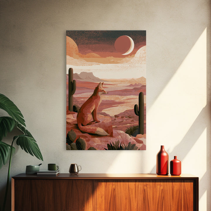 Desert Fox Beneath a Crescent Moon Framed Canvas Print, Desert Art, Abstract Wall Art, Southwestern Decor, Oil Painting, Desert, DES-2x3-1