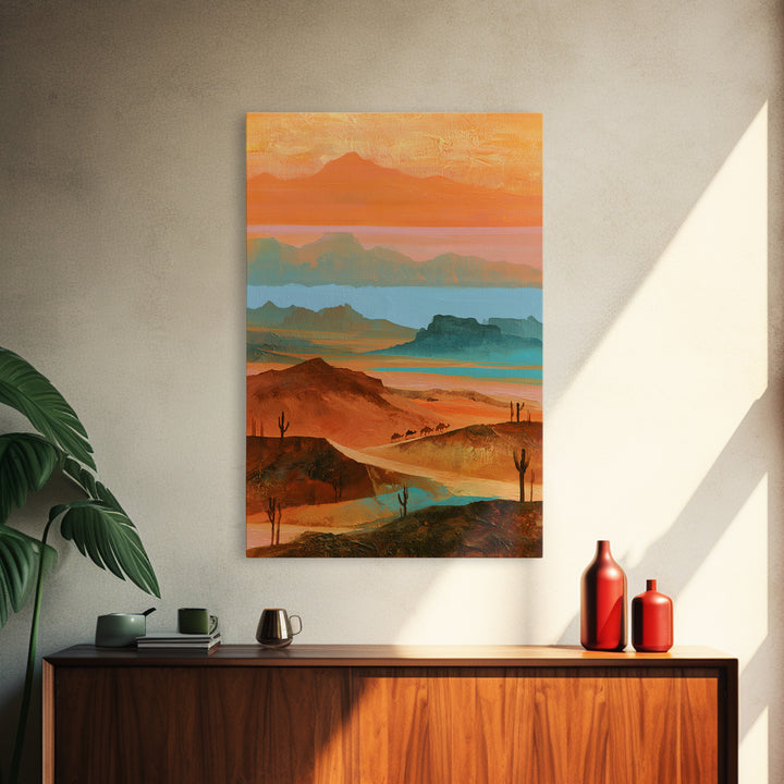 Saharan Dunes with Tiny Caravan Silhouettes Canvas Print, Desert Art, Print, Southwestern Decor, Desert, Watercolor Painting, DES-2x3-10