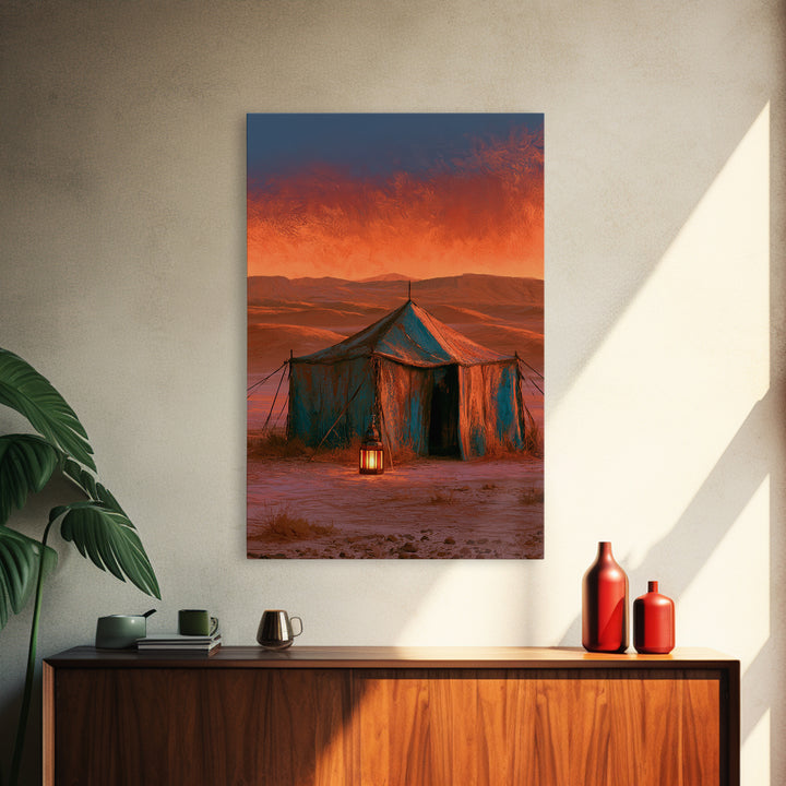 Moroccan Desert Tent Framed Canvas Print, Desert Art, Boho, Southwestern Decor, Desert, Mountain Wall Art, Landscape Wall Art, DES-2x3-19