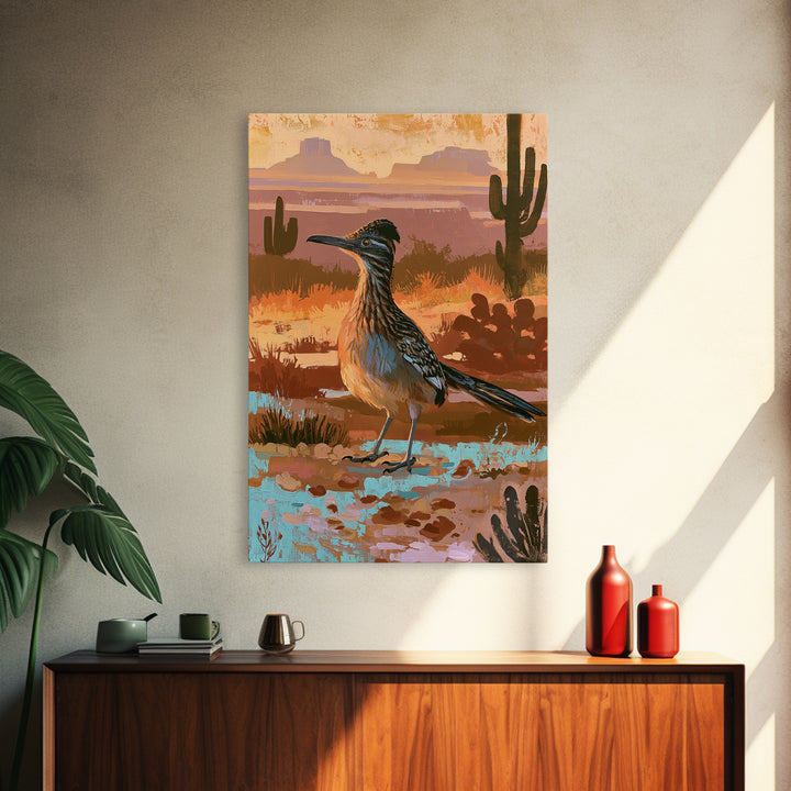 Roadrunner Bird in a Dry Wash Framed Canvas Print, Desert Art, Original Painting, Southwestern Decor, Fine Art, Desert, DES-2x3-22