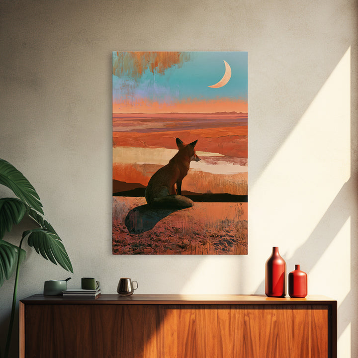 Desert Fox Beneath a Crescent Moon Framed Canvas Print, Desert Art, Abstract Wall Art, Southwestern Decor, Oil Painting, Desert, DES-2x3-25