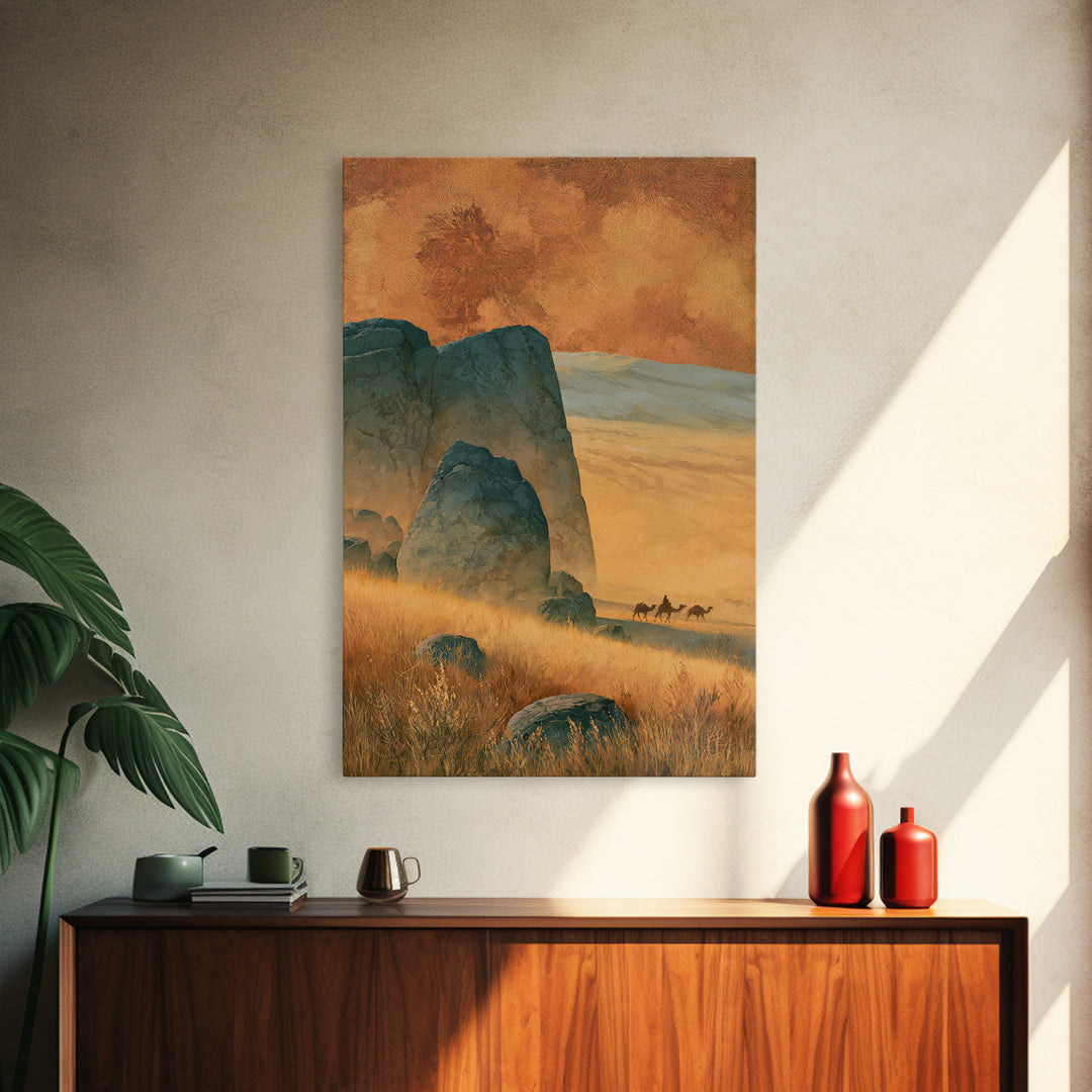 Saharan Dunes with Tiny Caravan Silhouettes Framed Canvas Print, Desert Art, Boho, Southwestern Decor, Fine Art, Desert, DES-2x3-34