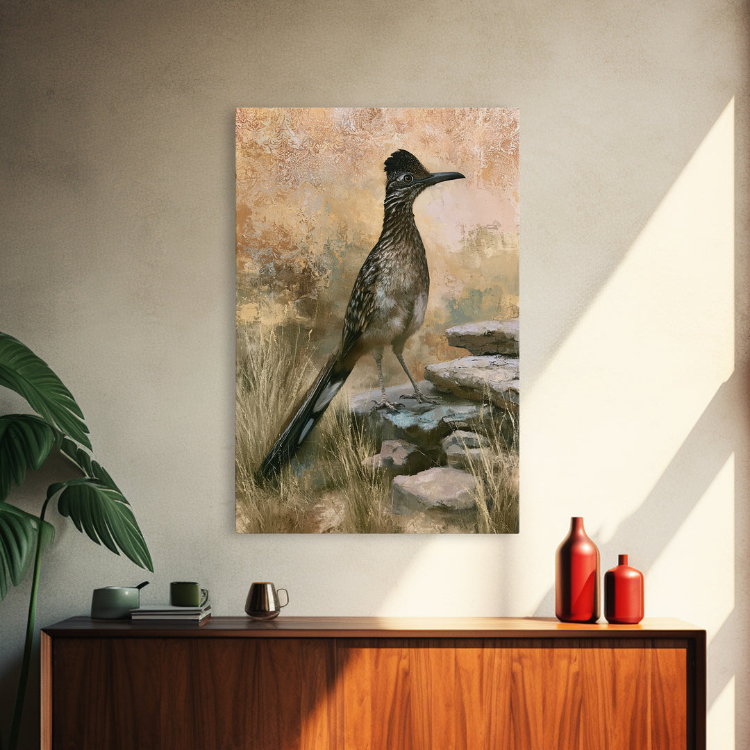 Roadrunner Bird in a Dry Wash Framed Canvas Print, Desert Art, Original Painting, Southwestern Decor, Fine Art, Desert, DES-2x3-46