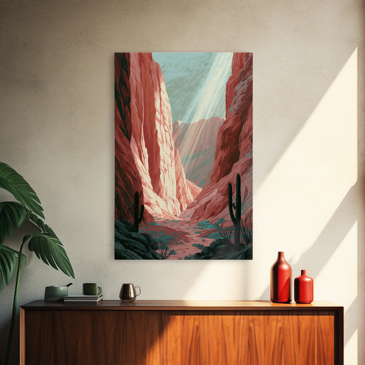 Sandstone Canyon with Dramatic Light Beam Framed Canvas Print, Desert Art, Boho, Southwestern Decor, Watercolor Art, Desert, DES-2x3-48