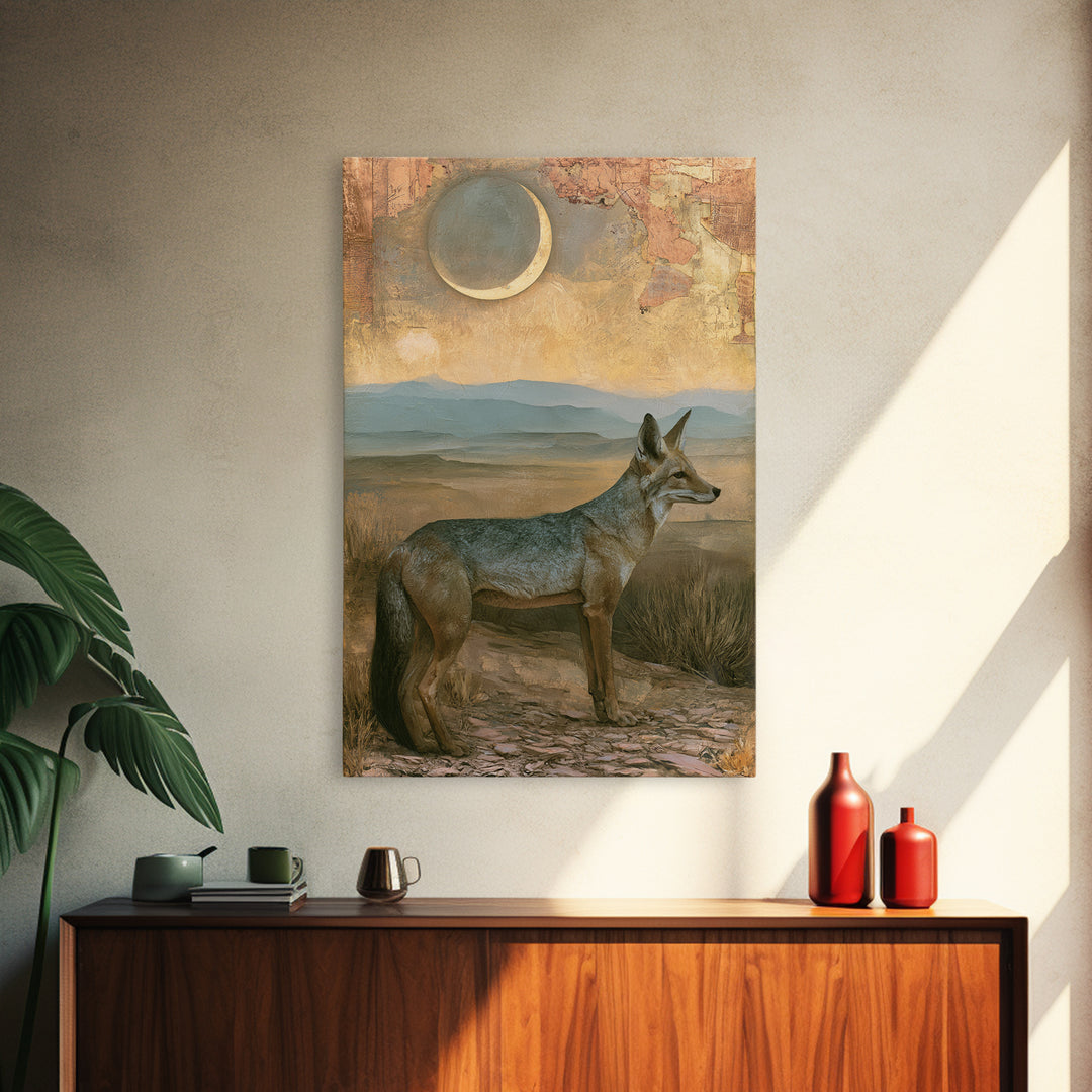 Desert Fox Beneath a Crescent Moon Canvas Print, Desert Art, Bedroom Wall Art, Southwestern Decor, Desert, Fine Art Print, DES-2x3-49
