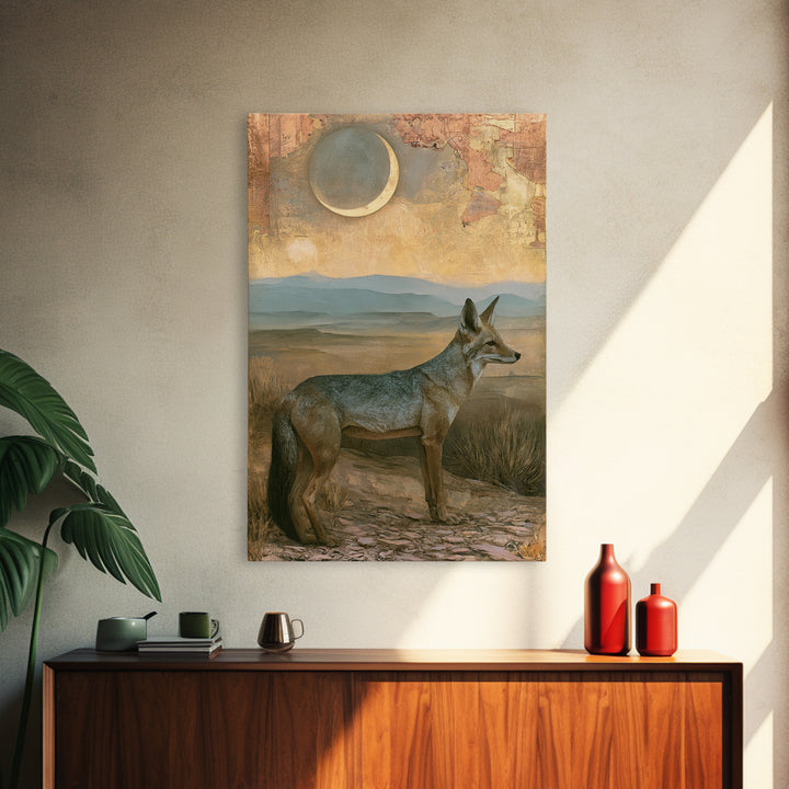 Desert Fox Beneath a Crescent Moon Canvas Print, Desert Art, Bedroom Wall Art, Southwestern Decor, Desert, Fine Art Print, DES-2x3-49