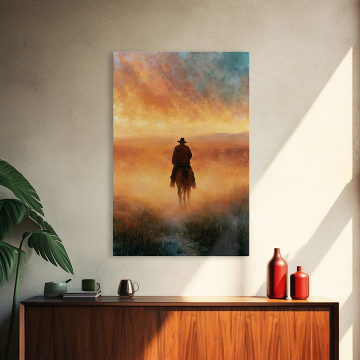 Dusty Horseback Rider at Sunset Framed Canvas Print, Desert Art, Boho Decor, Southwestern Decor, Oil Painting, Desert, DES-2x3-55