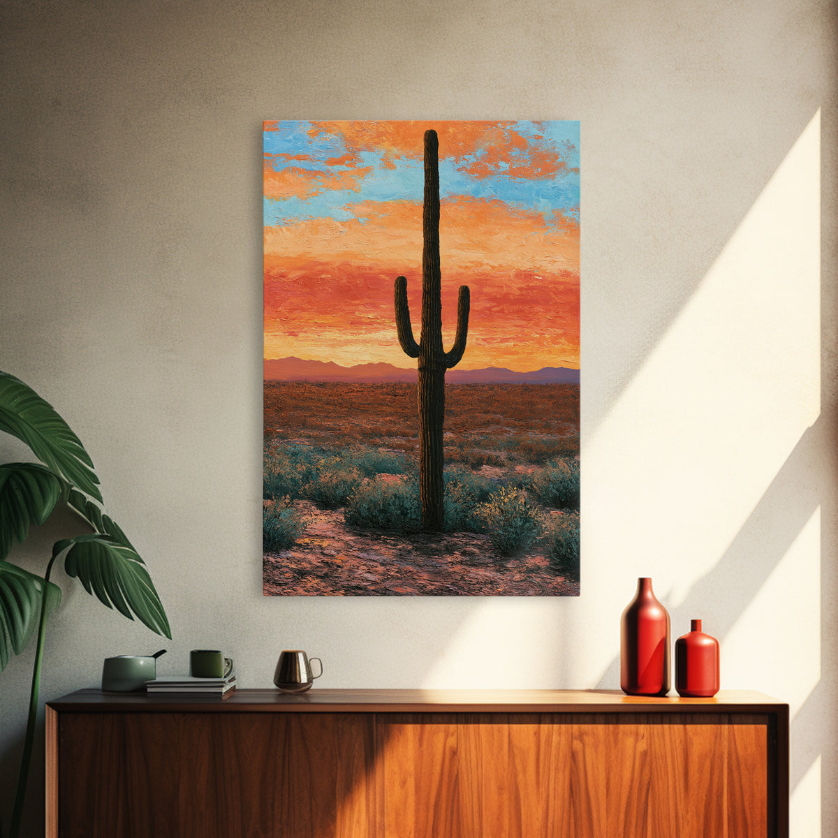 Saguaro Cactus under Orange Sunset Sky Canvas Print, Desert Art, Living Room Art, Southwestern Decor, Fine Art, Desert, DES-2x3-57