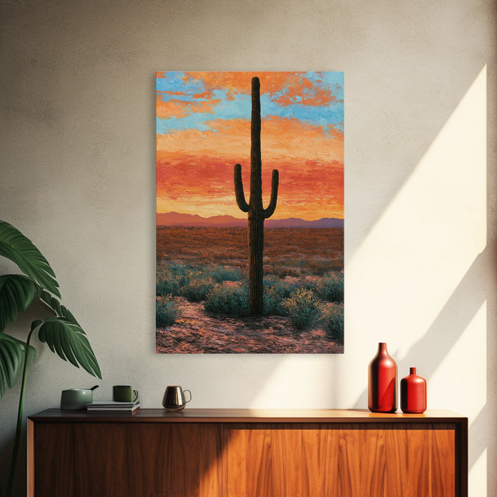 Saguaro Cactus under Orange Sunset Sky Canvas Print, Desert Art, Living Room Art, Southwestern Decor, Fine Art, Desert, DES-2x3-57
