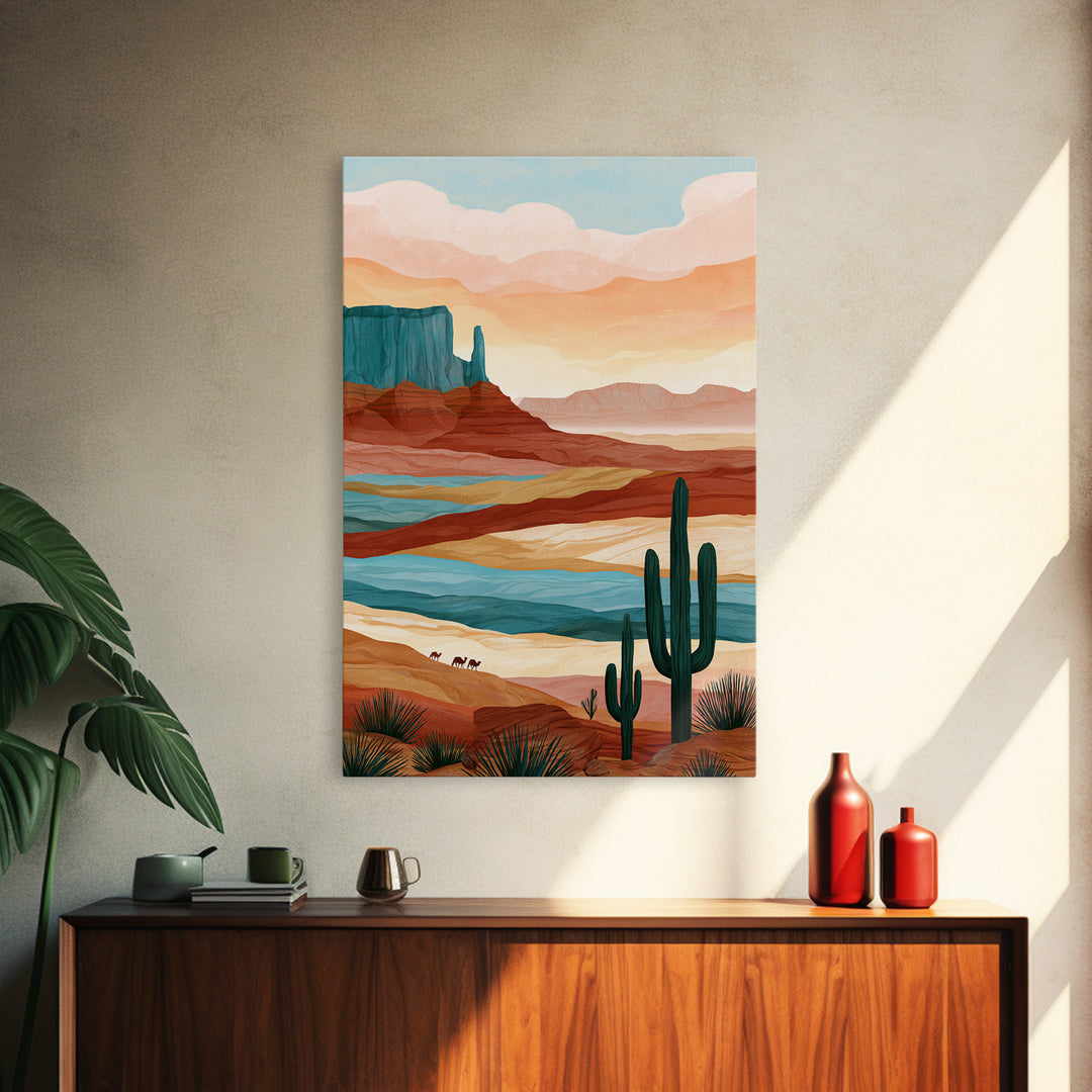 Saharan Dunes with Tiny Caravan Silhouettes Canvas Print, Desert Art, Boho Wall Art, Southwestern Decor, Watercolor Art, Desert, DES-2x3-58
