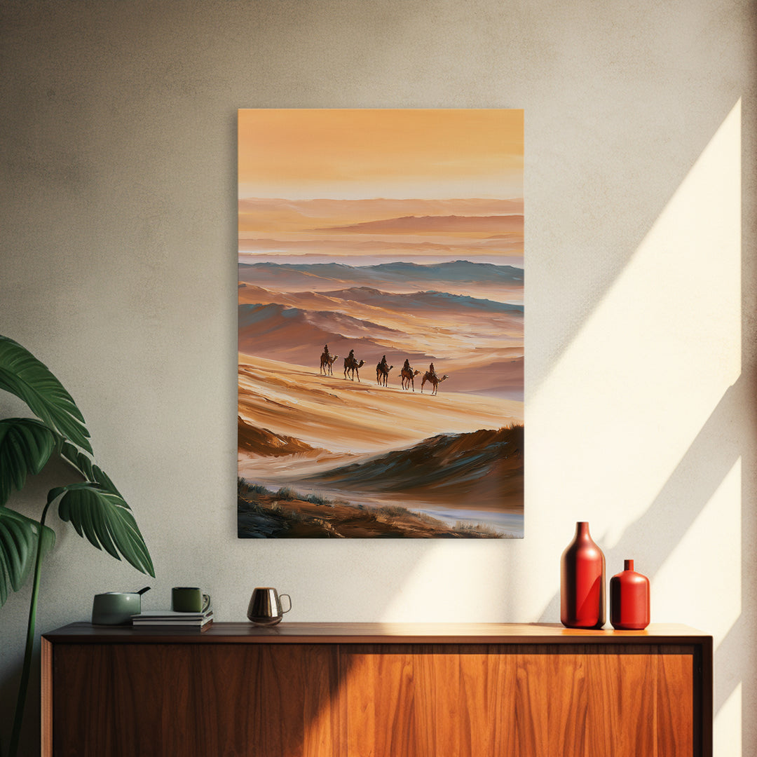 Camel Caravan Crossing Golden Dunes Framed Canvas Print, Desert Art, Botanical Art, Southwestern Decor, Watercolor Art, Desert, DES-2x3-63