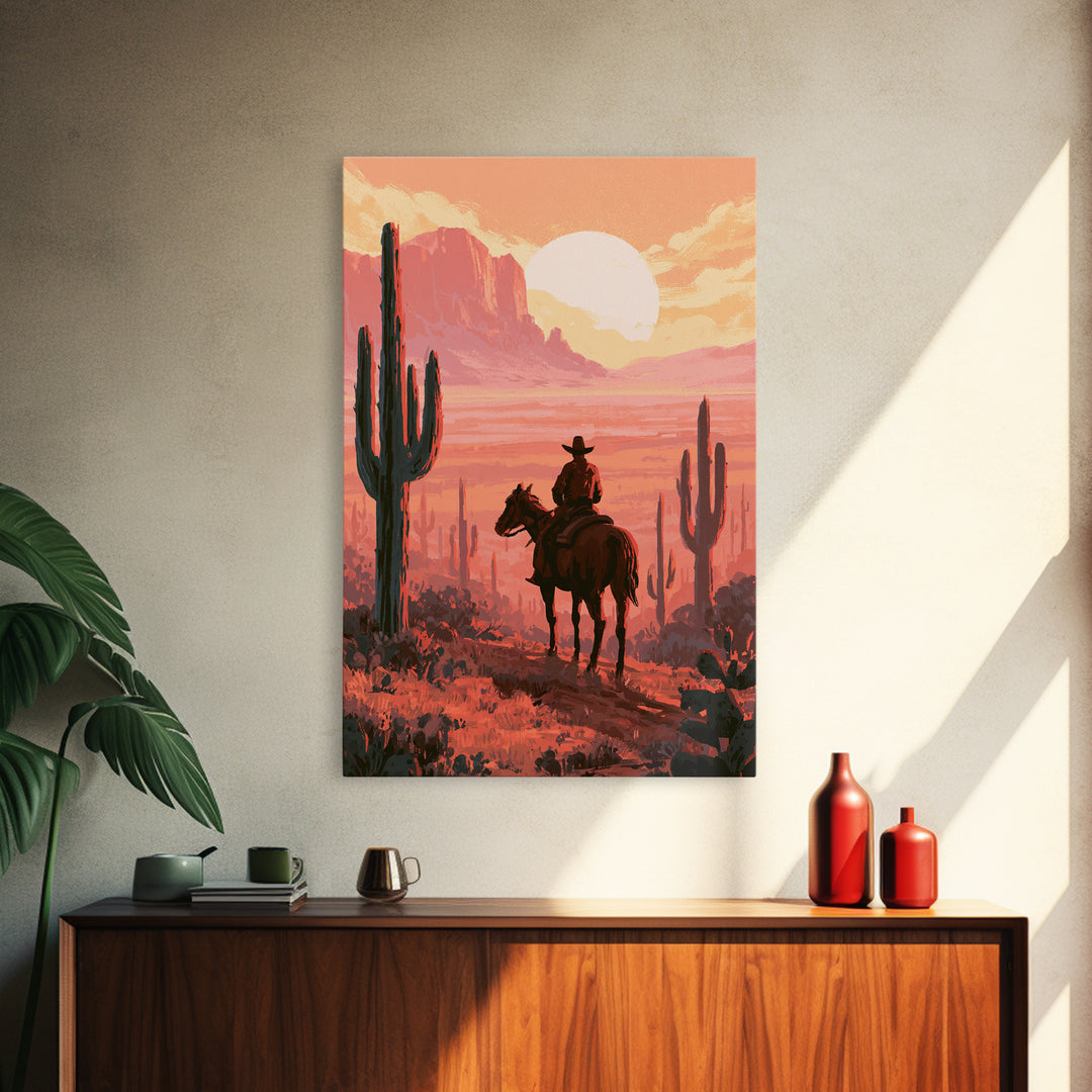 Dusty Horseback Rider at Sunset Canvas Print, Desert Art, Wall Decor, Southwestern Decor, Fine Art, Desert, Living Room Decor, DES-2x3-7