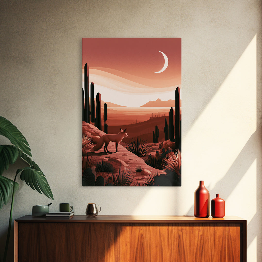 Desert Fox Beneath a Crescent Moon Framed Canvas Print, Desert Art, Botanical Art, Southwestern Decor, Fine Art, Desert, DES-2x3-73
