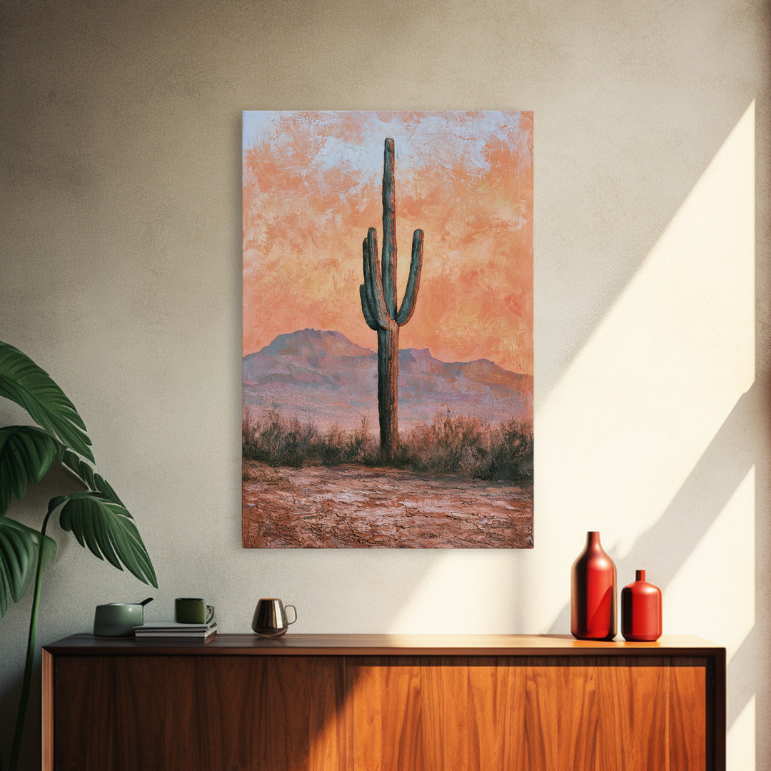 Saguaro Cactus under Orange Sunset Sky Canvas Print, Desert Art, Living Room Art, Southwestern Decor, Fine Art, Desert, DES-2x3-81