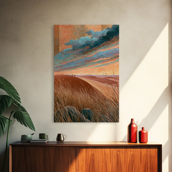 Saharan Dunes with Tiny Caravan Silhouettes Canvas Print, Desert Art, Boho Wall Art, Southwestern Decor, Watercolor Art, Desert, DES-2x3-82