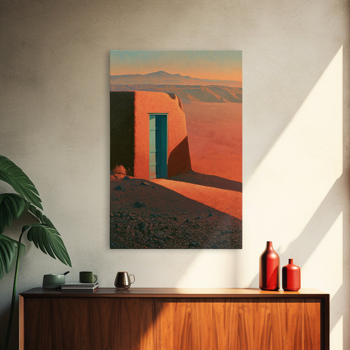 Adobe Doorway with Turquoise Shadow Framed Canvas Print, Desert Art, Nature Wall Art, Southwestern Decor, Oil Painting, Desert, DES-2x3-85