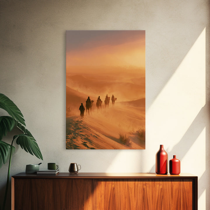 Camel Caravan Crossing Golden Dunes Framed Canvas Print, Desert Art, Southwestern Decor, Oil Painting, Desert, DES-2x3-87