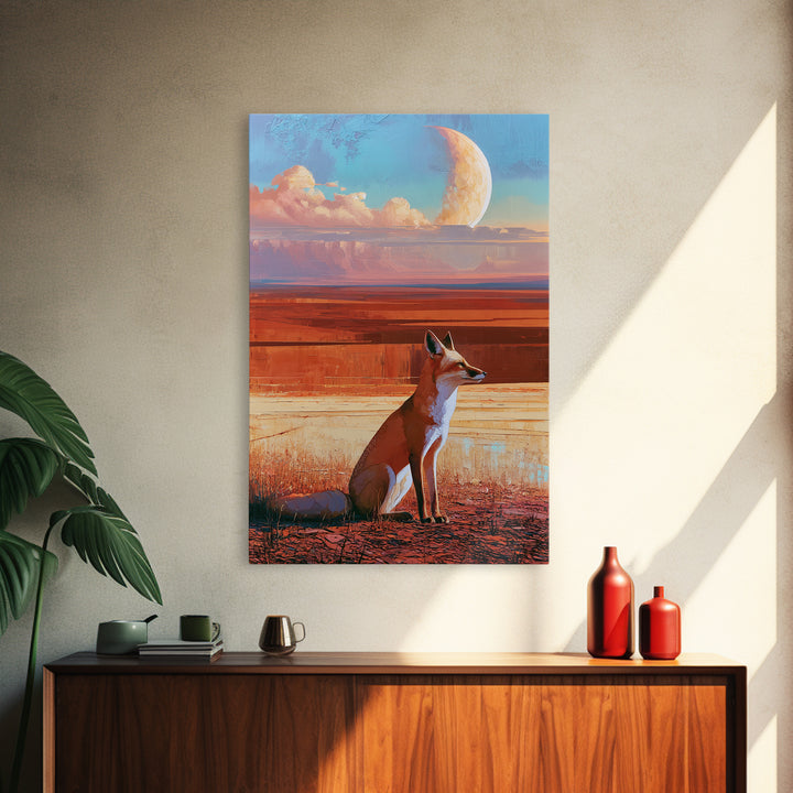 Desert Fox Beneath a Crescent Moon Framed Canvas Print, Desert Art, Botanical Art, Southwestern Decor, Fine Art, Desert, DES-2x3-97