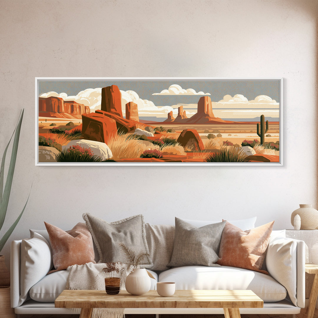 Terracotta and Cream Geometric Landscape Framed Canvas Print, Desert Art, Boho, Southwestern Decor, Watercolor Art, Desert, DES-3x1-10
