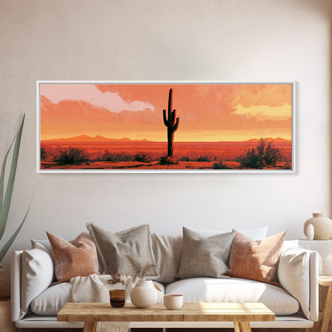 Saguaro Cactus under Orange Sunset Sky Framed Canvas Print, Desert Art, Gallery Decor, Southwestern Decor, Fine Art, Desert, DES-3x1-17