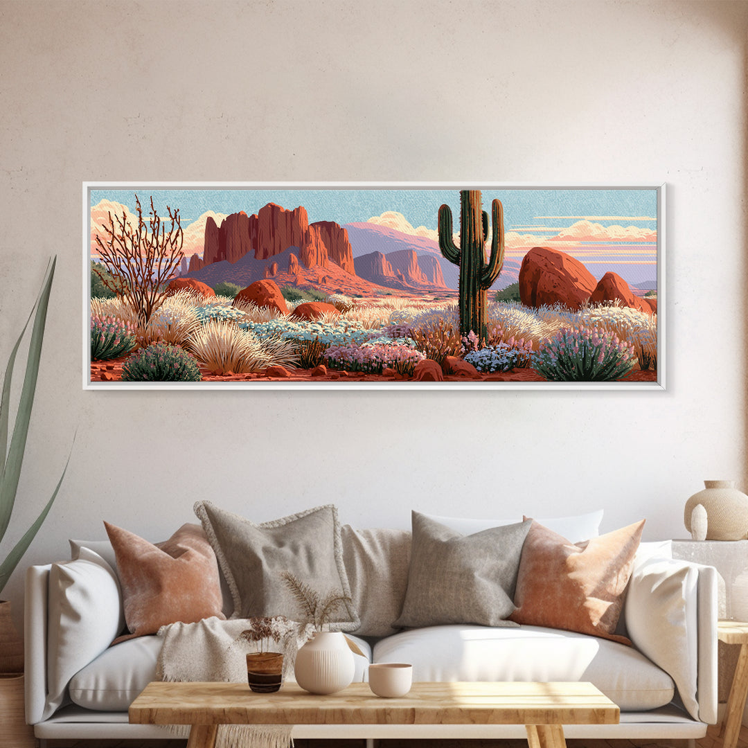 Desert Wildflowers After Spring Rain Canvas Print, Desert Art, Digital Download Art, Southwestern Decor, Oil Painting, Desert, DES-3x1-20