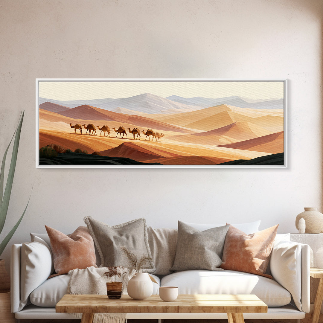 Camel Caravan Crossing Golden Dunes Framed Canvas Print, Desert Art, Contemporary Art, Southwestern Decor, Fine Art, Desert, DES-3x1-23