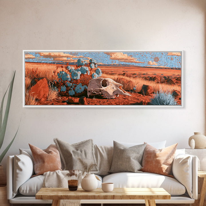 Sun Bleached Skull and Desert Flowers Framed Canvas Print, Desert Art, Nature Wall Art, Southwestern Decor, Watercolor Art, DES-3x1-28