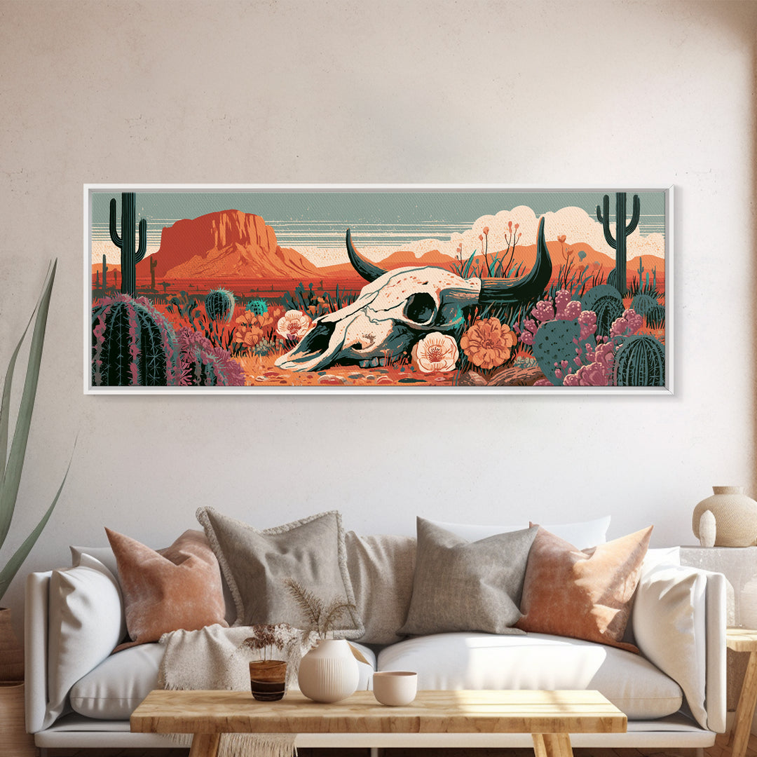 Sun Bleached Skull and Desert Flowers Canvas Print, Desert Art, Landscape Wall Art, Southwestern Decor, Watercolor Art, Desert, DES-3x1-4