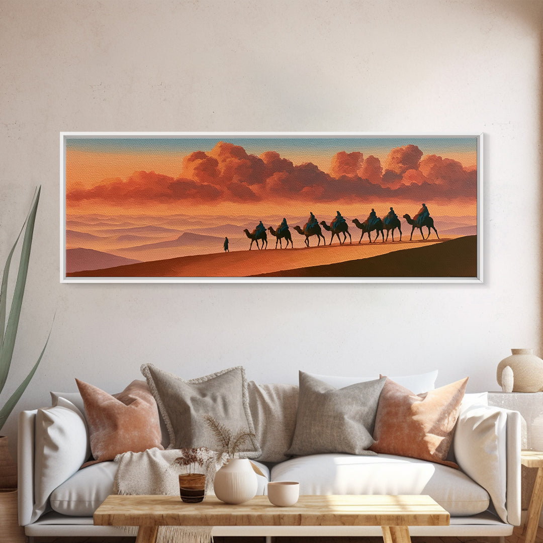 Camel Caravan Crossing Golden Dunes Framed Canvas Print, Desert Art, Boho, Southwestern Decor, Desert, Mountain Wall Art, DES-3x1-47