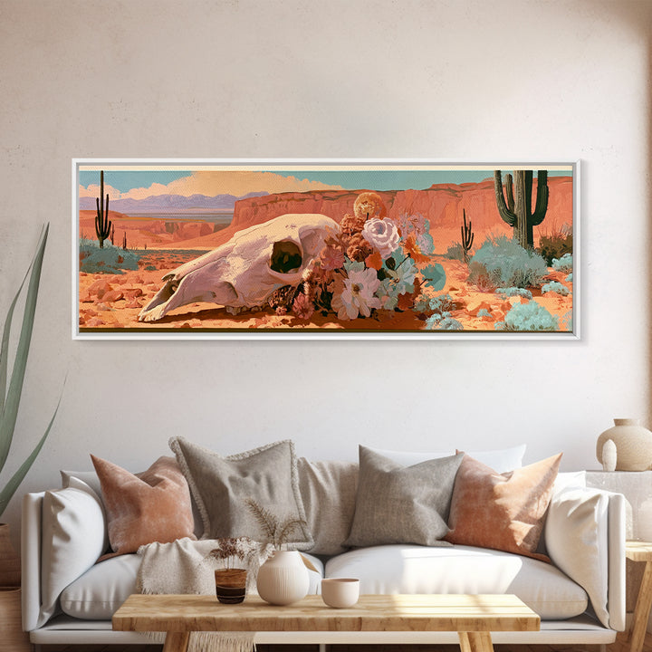 Sun Bleached Skull and Desert Flowers Framed Canvas Print, Desert Art, Contemporary Art, Southwestern Decor, Fine Art, Desert, DES-3x1-52