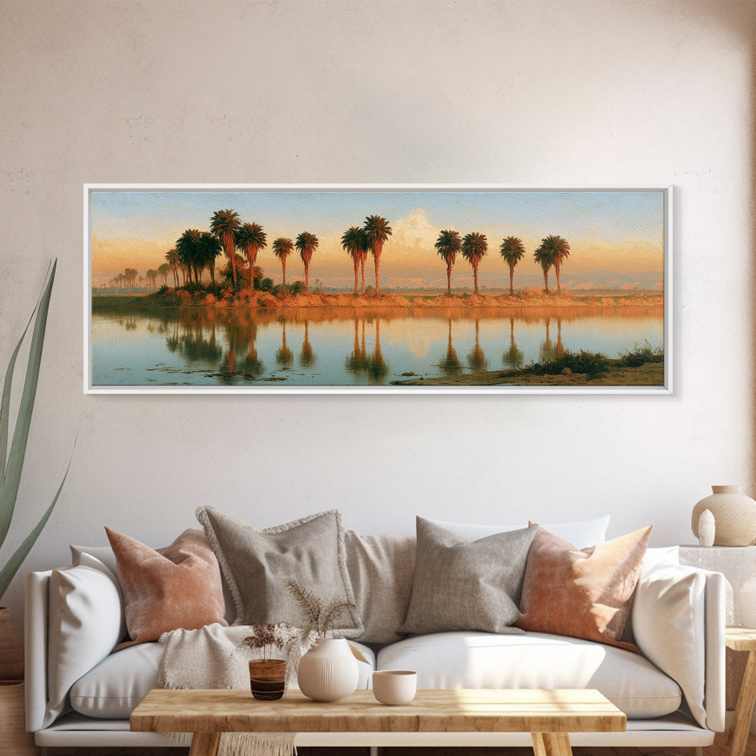 Palm Oasis Reflected Framed Canvas Print, Desert Art, Wall Art Prints, Southwestern Decor, Oil Painting, Desert, Boho Decor, DES-3x1-55