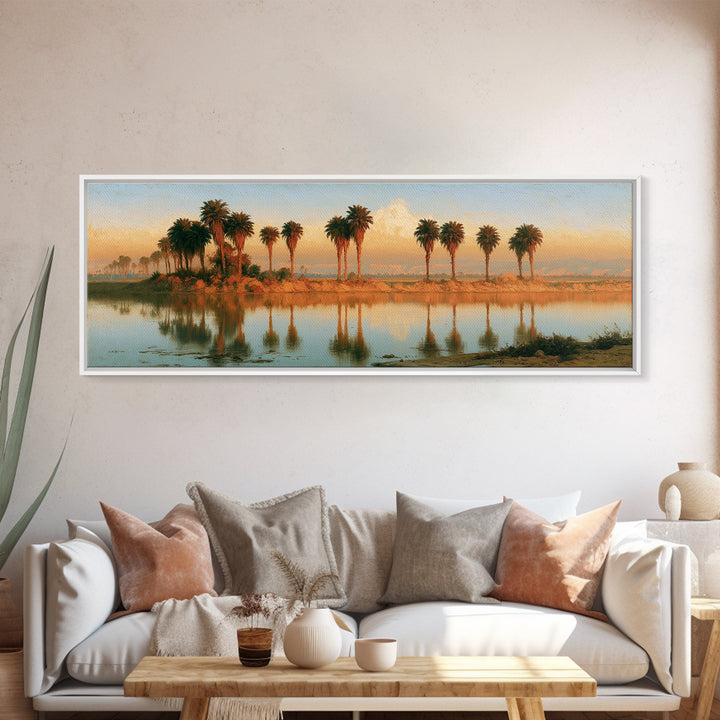 Palm Oasis Reflected Framed Canvas Print, Desert Art, Wall Art Prints, Southwestern Decor, Oil Painting, Desert, Boho Decor, DES-3x1-55