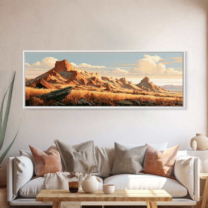 Terracotta and Cream Geometric Landscape Framed Canvas Print, Desert Art, Western Wall Art, Southwestern Decor, Oil Painting, DES-3x1-58