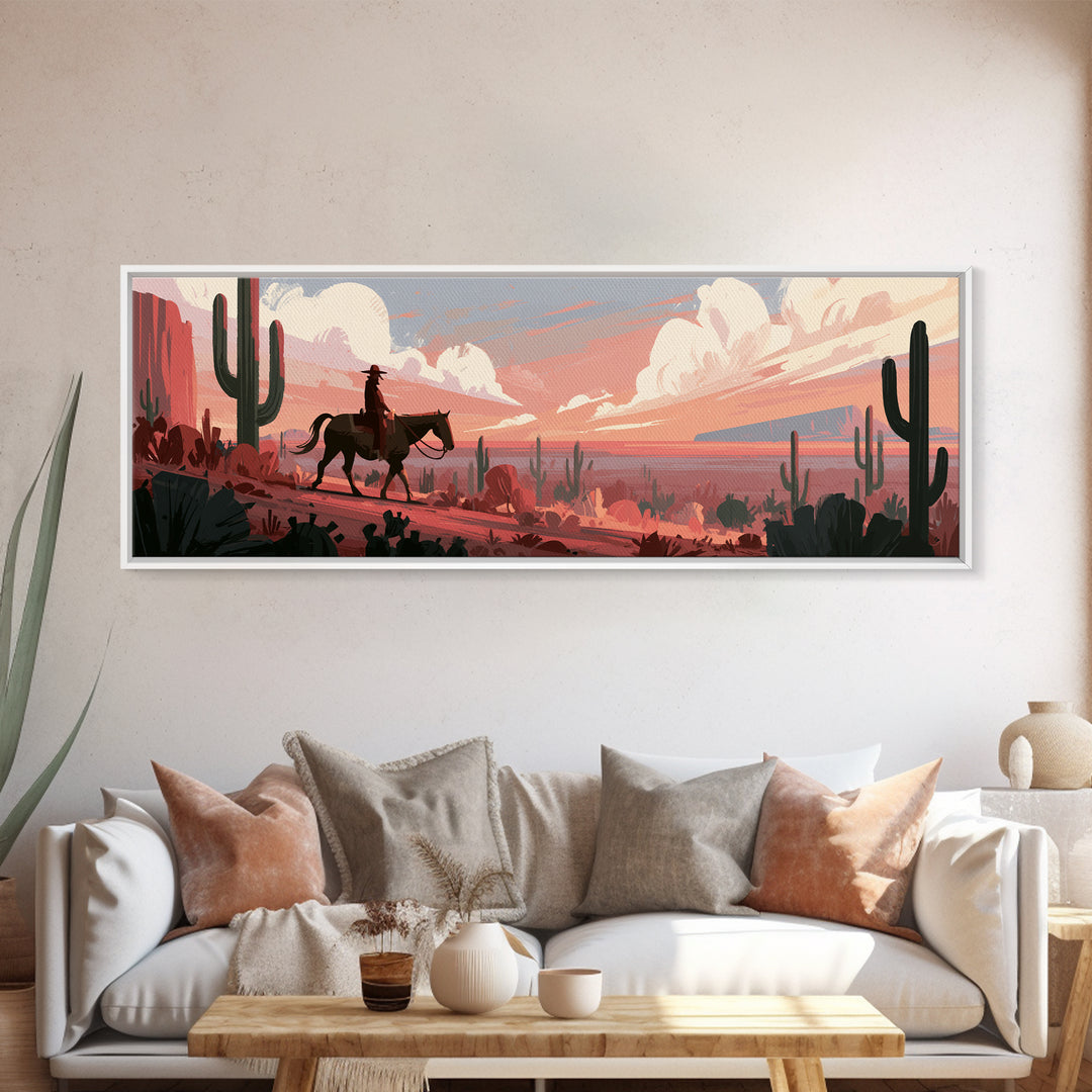 Dusty Horseback Rider at Sunset Framed Canvas Print, Desert Art, Room Decor, Southwestern Decor, Desert, Abstract Wall Art, DES-3x1-63