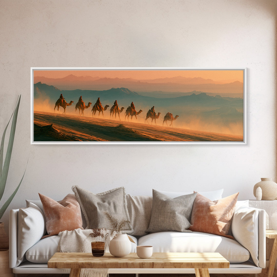 Camel Caravan Crossing Golden Dunes Canvas Print, Desert Art, Boho Wall Art, Southwestern Decor, Oil Painting, Desert, DES-3x1-71