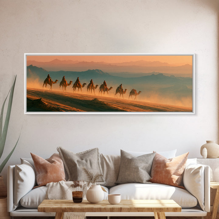 Camel Caravan Crossing Golden Dunes Canvas Print, Desert Art, Boho Wall Art, Southwestern Decor, Oil Painting, Desert, DES-3x1-71