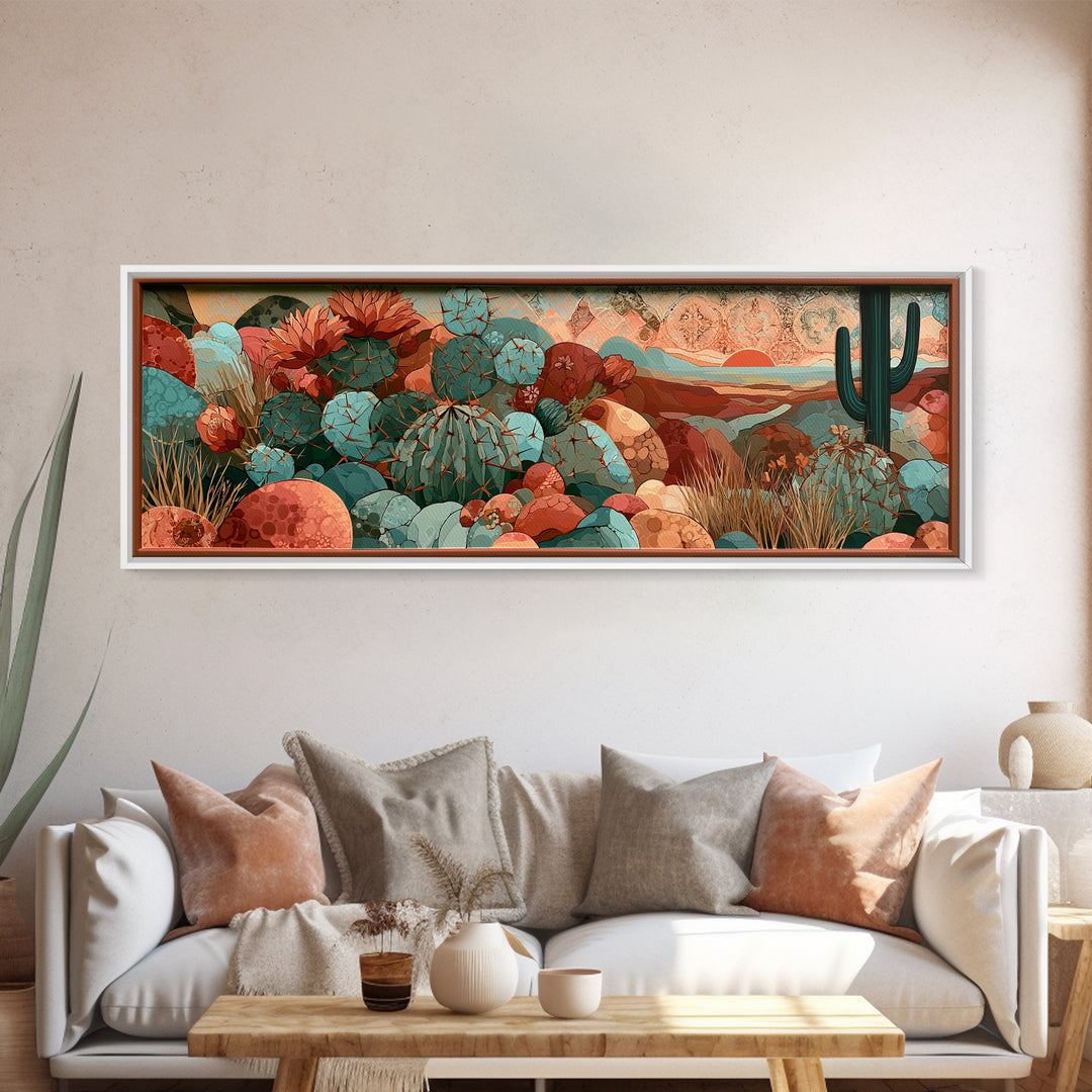 Cactus Botanical Plate Framed Canvas Print, Desert Art, Digital Prints, Southwestern Decor, Fine Art, Desert, Boho Wall Art, DES-3x1-72