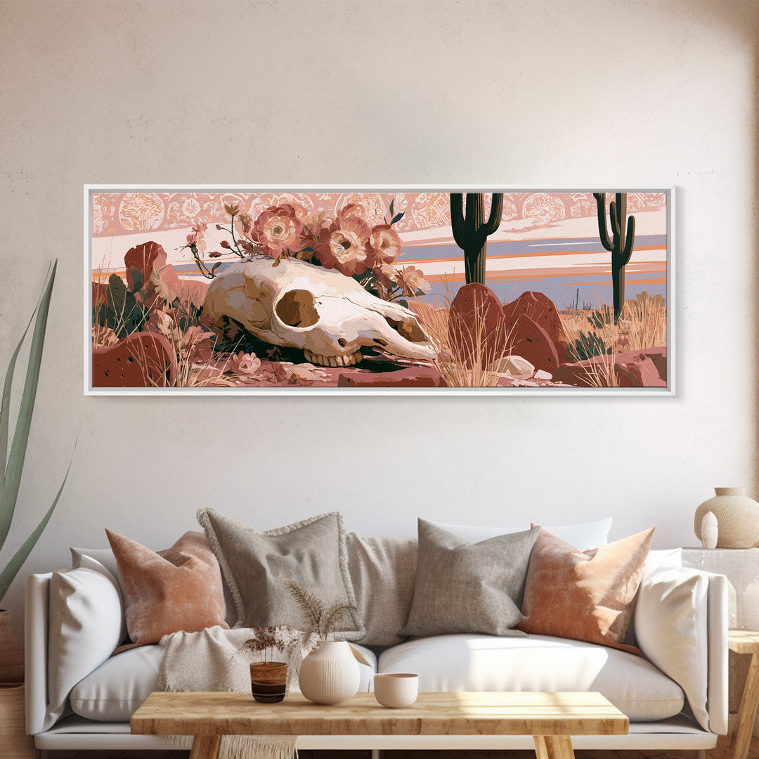 Sun Bleached Skull and Desert Flowers Canvas Print, Desert Art, Print, Southwestern Decor, Oil Painting, Desert, DES-3x1-76