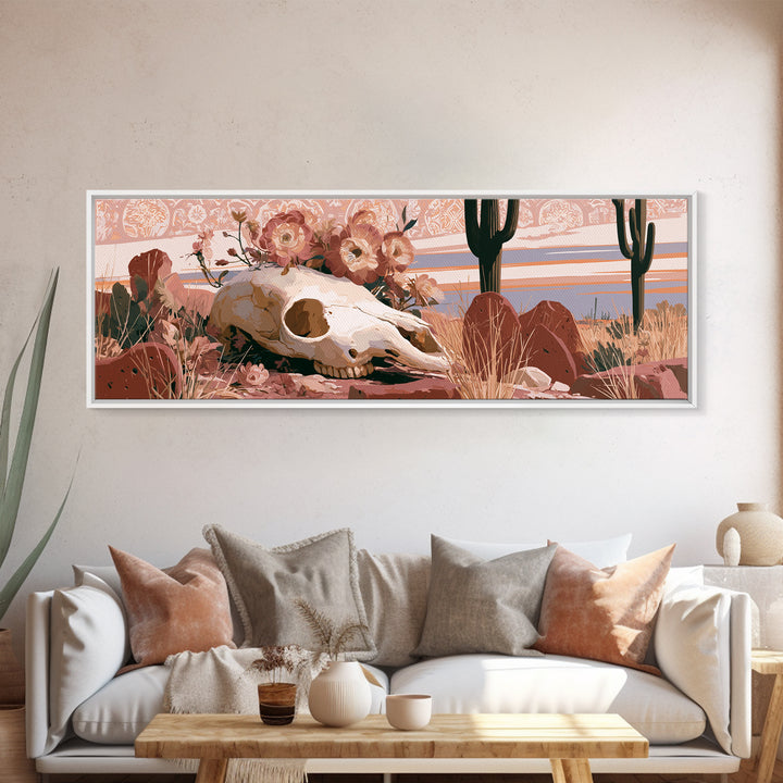 Sun Bleached Skull and Desert Flowers Canvas Print, Desert Art, Print, Southwestern Decor, Oil Painting, Desert, DES-3x1-76