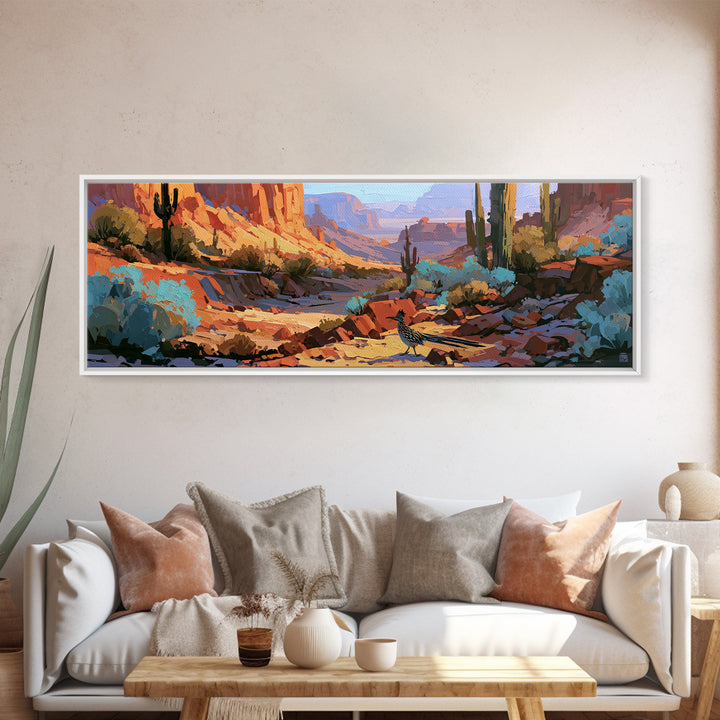 Roadrunner Bird in a Dry Wash Canvas Print, Desert Art, Printable Art, Southwestern Decor, Oil Painting, Desert, DES-3x1-78