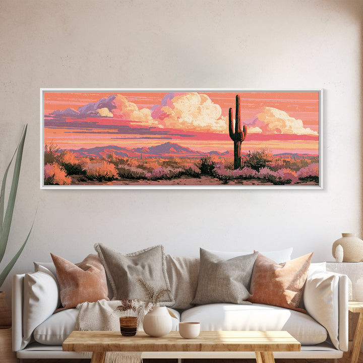 Saguaro Cactus under Orange Sunset Sky Framed Canvas Print, Desert Art, Wall Art, Southwestern Decor, Fine Art, Desert, DES-3x1-89