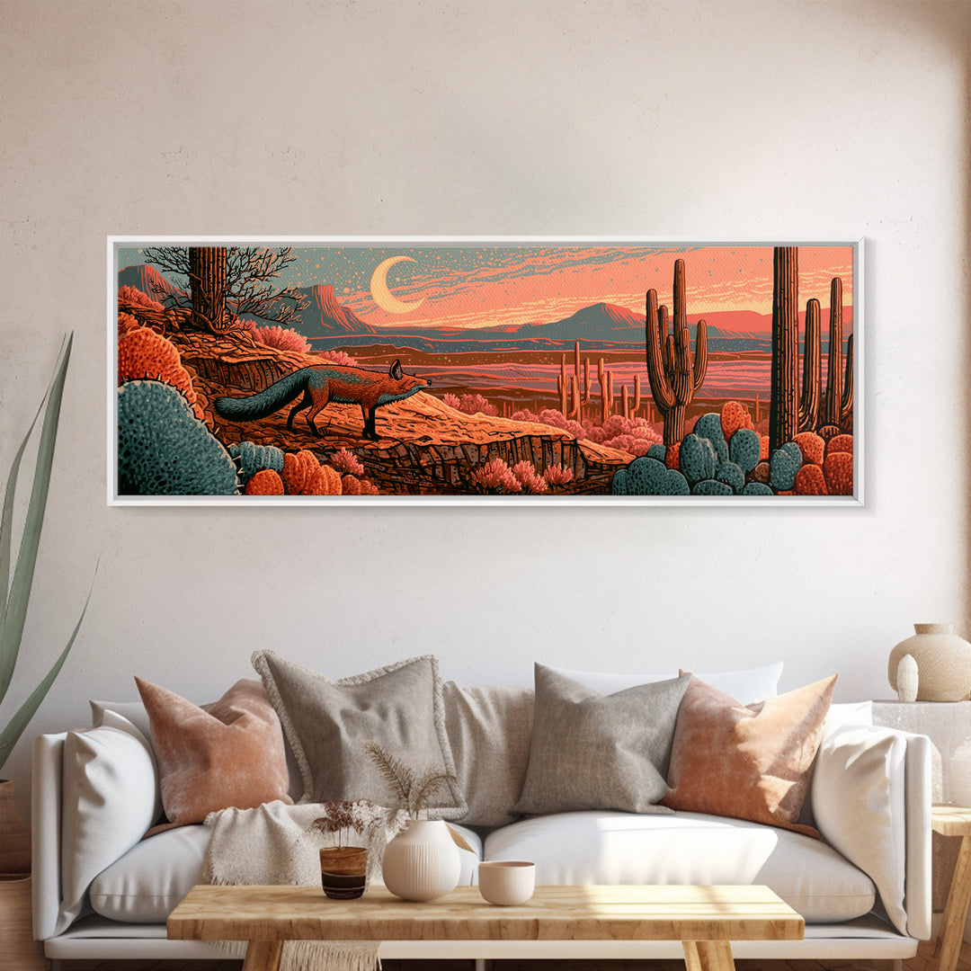 Desert Fox Beneath a Crescent Moon Framed Canvas Print, Desert Art, Mountain Wall Art, Southwestern Decor, Fine Art, Desert, DES-3x1-9