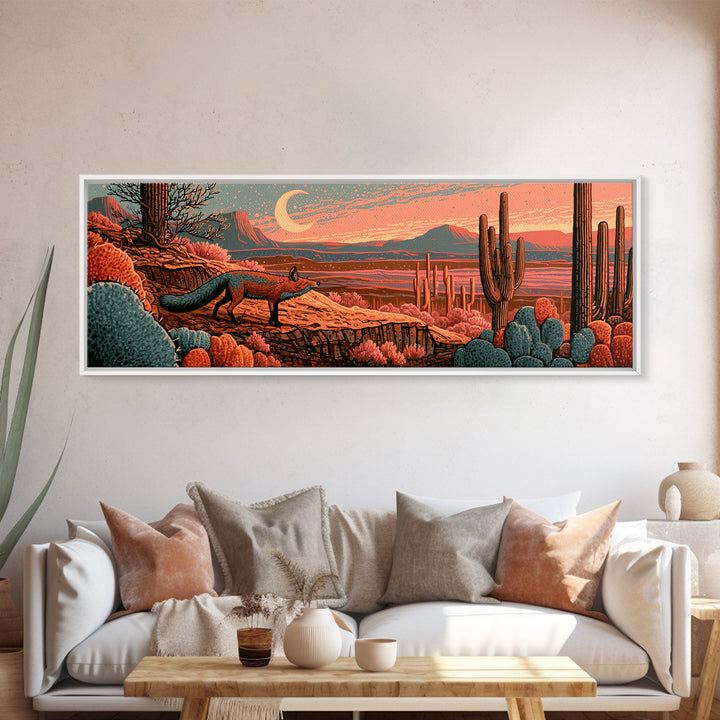 Desert Fox Beneath a Crescent Moon Framed Canvas Print, Desert Art, Mountain Wall Art, Southwestern Decor, Fine Art, Desert, DES-3x1-9