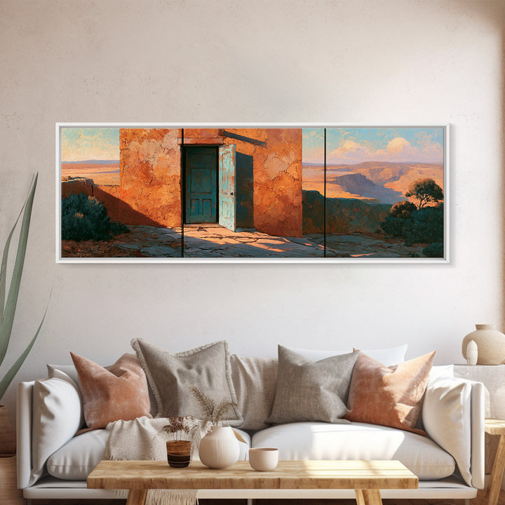 Adobe Doorway with Turquoise Shadow Canvas Print, Desert Art, Southwestern Decor, Oil Painting, Desert, Printable Art, DES-3x1-93