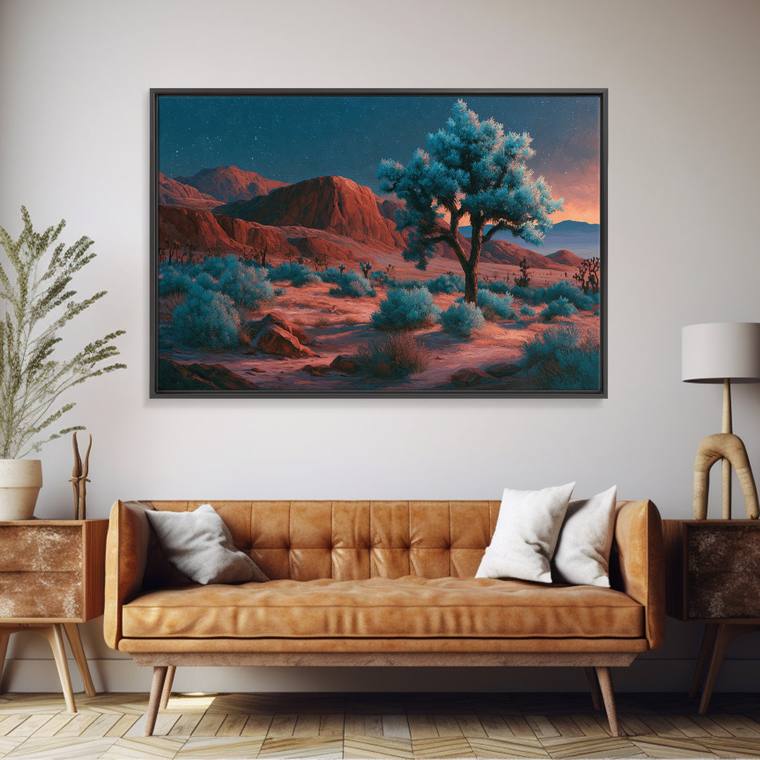 Joshua Tree under Star Filled Night Framed Canvas Print, Desert Art, Mountain Wall Art, Southwestern Decor, Oil Painting, DES-3x2-10