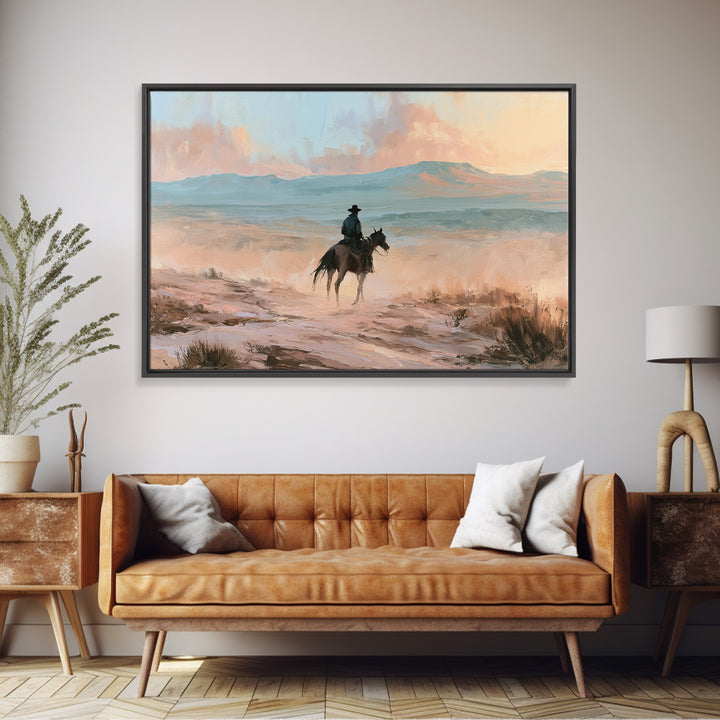 Dusty Horseback Rider at Sunset Framed Canvas Print, Desert Art, Wall Art, Southwestern Decor, Desert, Apartment Decor, DES-3x2-27