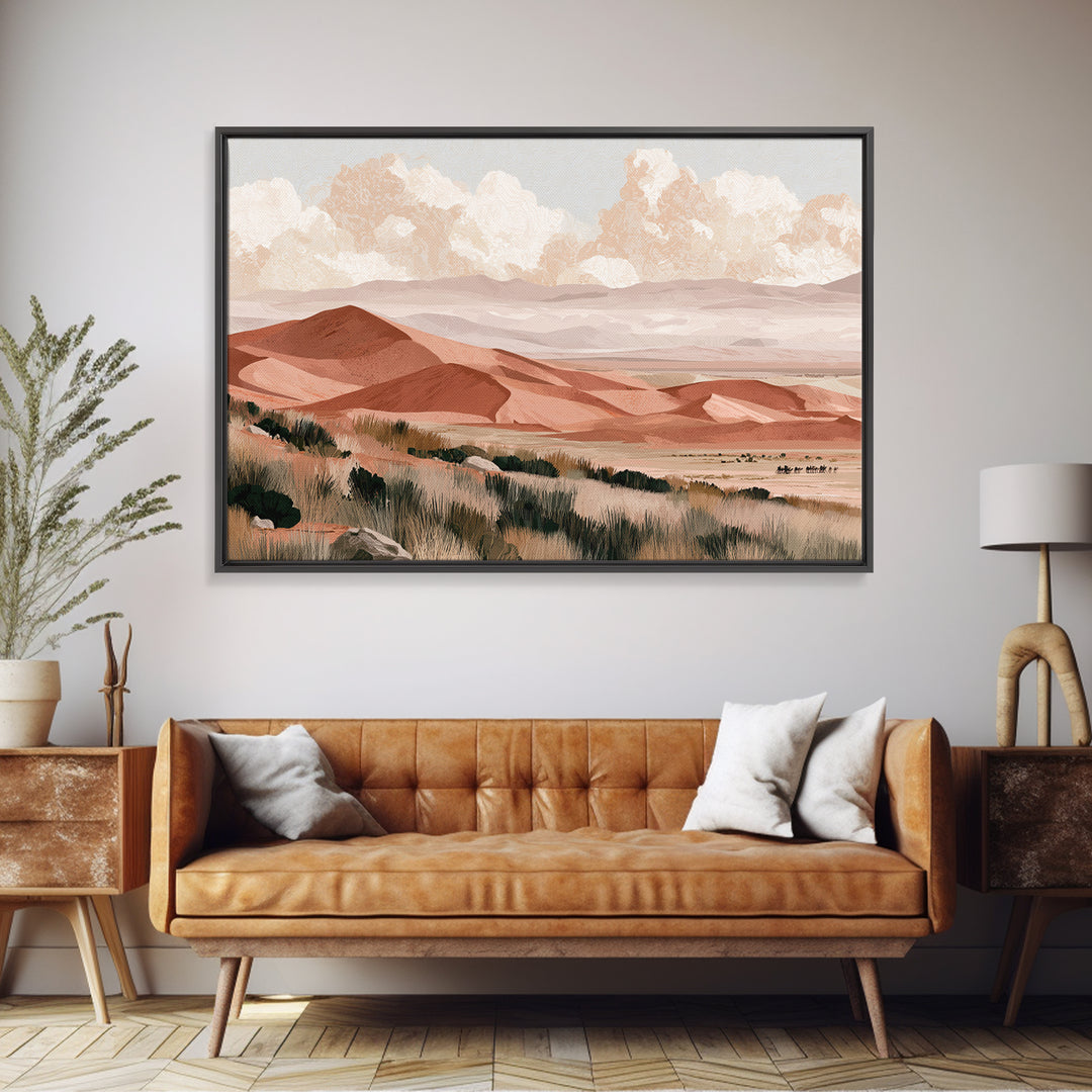 Saharan Dunes with Tiny Caravan Silhouettes Canvas Print, Desert Art, Digital Download Art, Southwestern Decor, Oil Painting, DES-3x2-30
